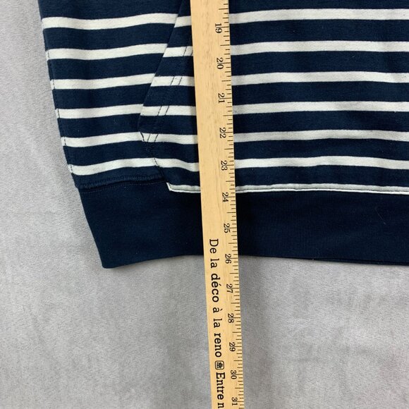 J Crew Mens Sweater Large Navy Blue Striped Hoodie Long Sleeve Vintage Fleece - Picture 5 of 7
